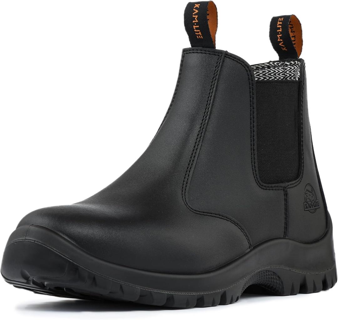 Work Boots for Men, Slip On Steel Toe Chelsea Safety Boots, Waterproof Slip Resistant Work Shoes, Lightweight Comfortable Breathable Non Slip Safety Toe Shoes (6.5, Black)