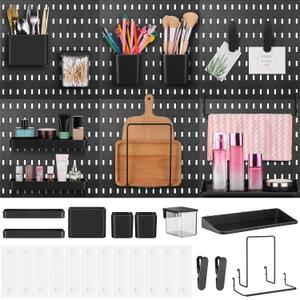 Unittype 17 Pcs Peg Board Combination Kit, 6 Plastic Wall Pegboard with 11 Accessories, 33" x 22" Desk Pegboard Organizer with Shelf Hook for Office, Kitchen, Gaming, Garage, Craft Room(Black)