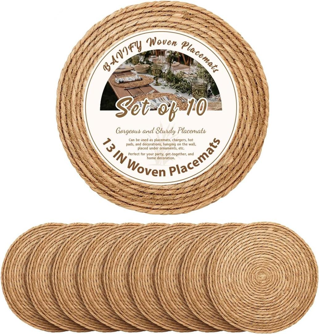 13 in Round Woven Placemats Plate Chargers Set of 10, Boho Farmhouse Rustic Woven Place Mats for Dining Table Decor, Rattan Wicker Table Mats Jute Braided Chargers for Dinner Plates (13 Inch Set of 10, Natural Color)
