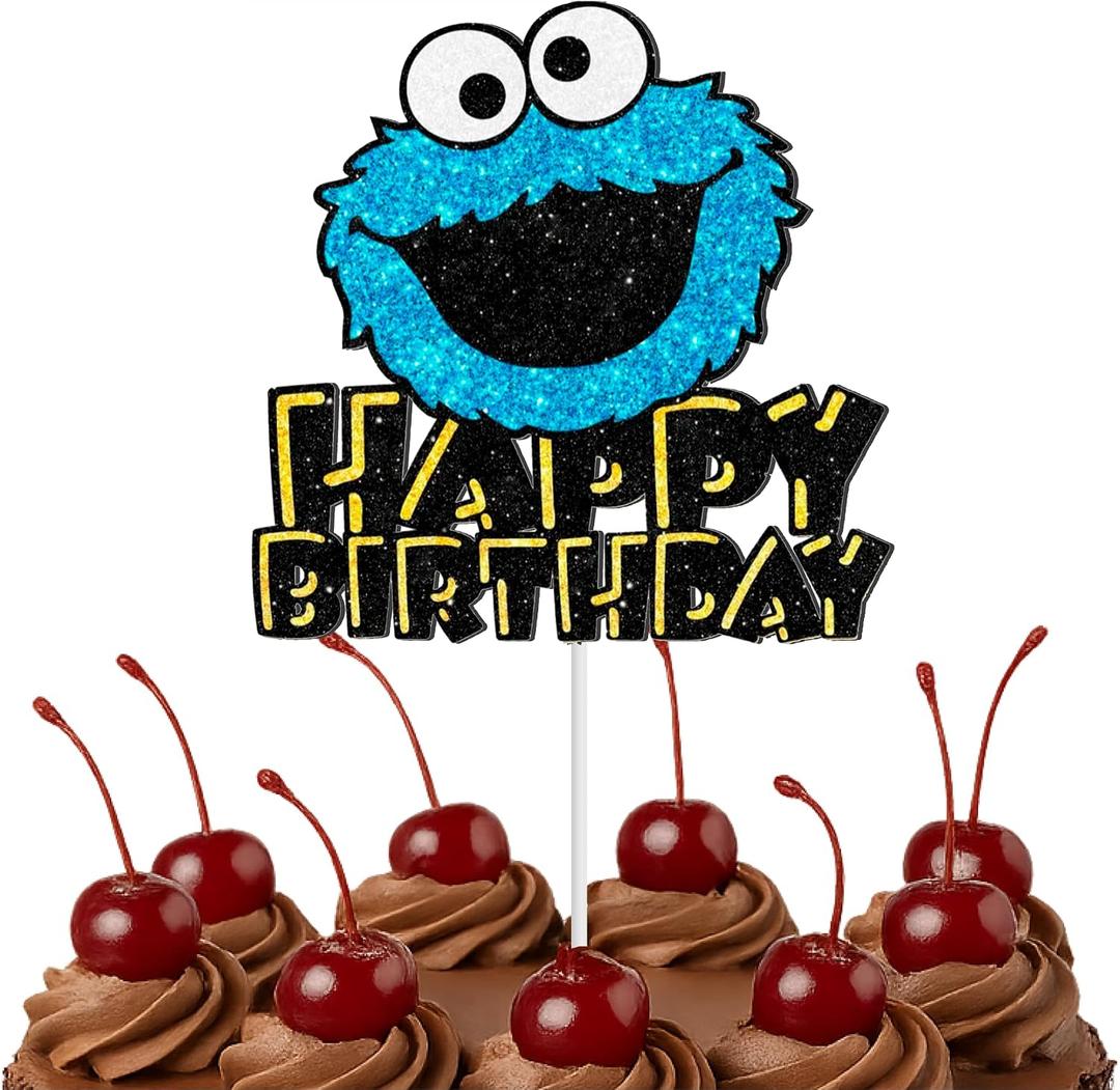 Blue Glitter Birthday Party Cartoon Decorations Supplies - Monster Happy Birthday Cake Topper - Cookie Theme Decor for Baby Shower - Cake Decoration for Girls or Boys