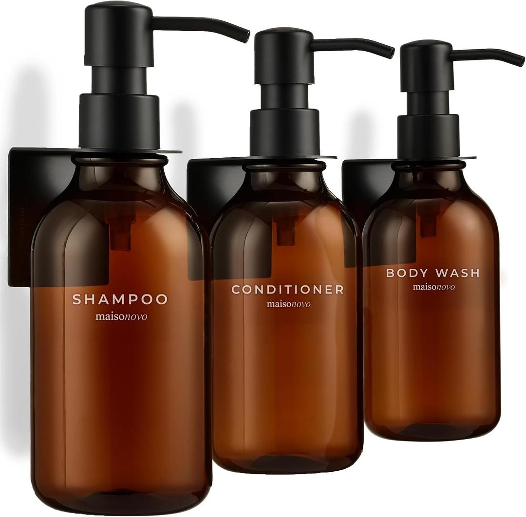 Shampoo and Conditioner Dispenser Wall Mounted Set of 3 Amber Black - No Drill Shower Soap Dispenser for Bathroom Refillable - Spa Hotel Style Accessories by MaisoNovo