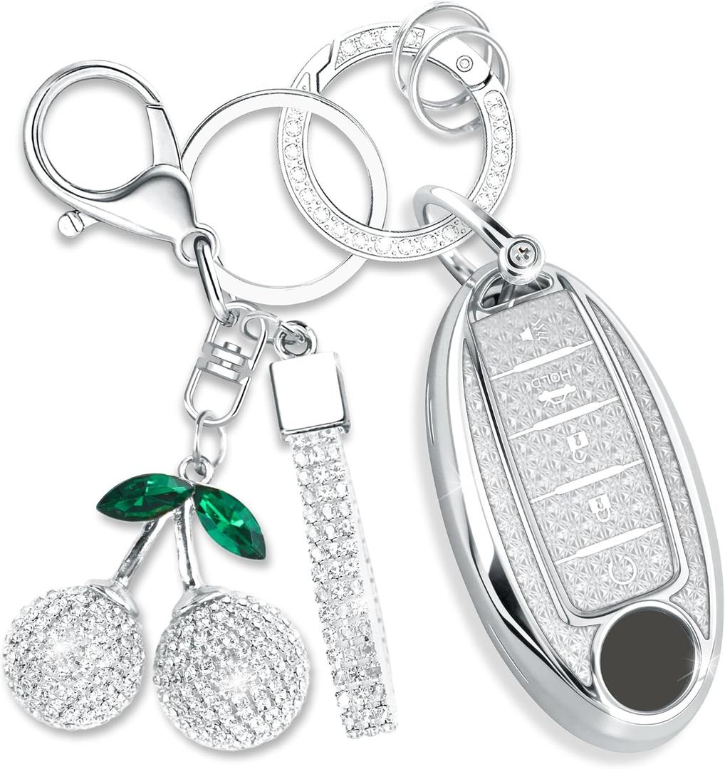 Sparkly Key Fob Cover with Cherry Keychain, Bling TPU Smart Key Case for Women, Compatible with Nissan Altima Armada Maxima Murano Pathfinder Rogue Sedan Sentra Versa (5-Button, Silver)