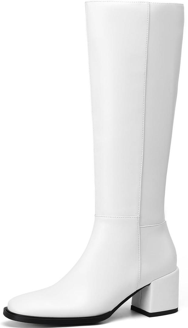 AIUNIIND Knee High Boots for Women, Chunky Block Low Heel, Round Toe, Side Zipper, Faux Leather, Comfortable Tall Fall Boots for Dress, Festival, Size 7