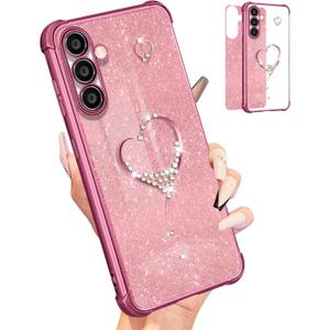 Petitian for Samsung Galaxy S24 Plus Case Women Girls Girly S24+ Cases Cover Glitter Bling Sparkle Diamond with Luxury Heart Design Cute S24 Plus Phone Case Funda 6.7'' (Pink)