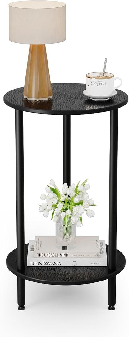 Small Round Side Table, Black Round End Table with Storage, 2-Tier Modern Accent/Bedside Table for Living Room, Bedroom-Black (1PC)