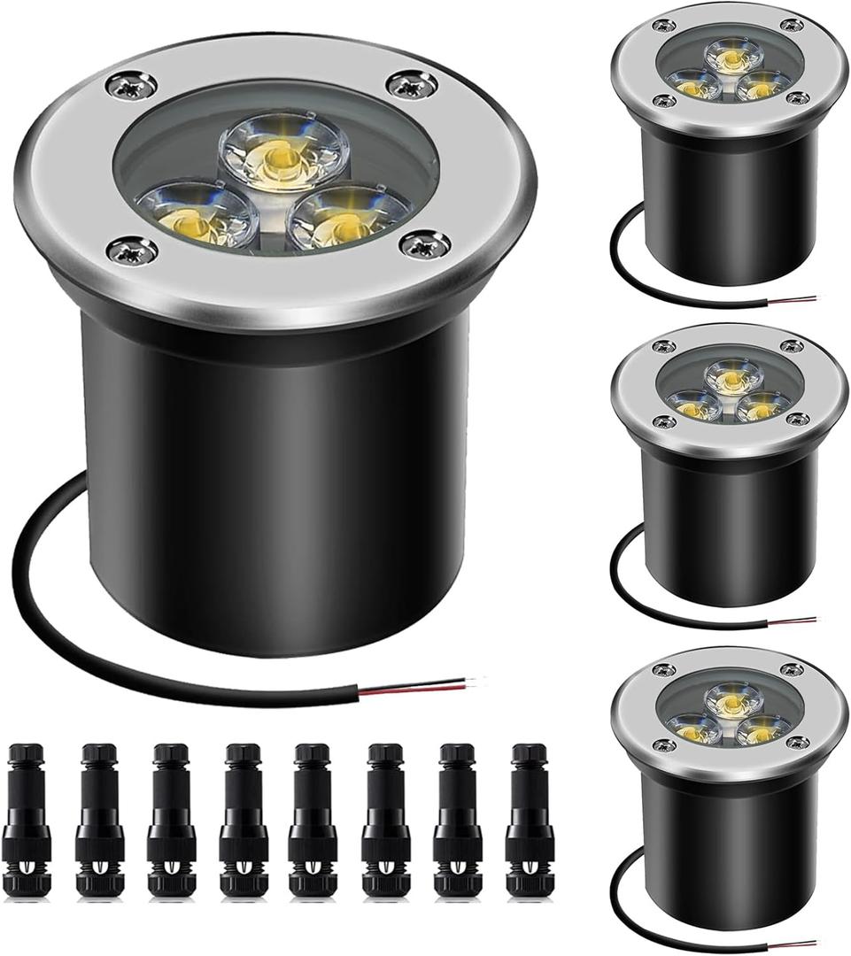 4 Pack Low Voltage LED Landscape Lights - 3W 12V/24V IP67 Waterproof In-Ground Well Lights with Convex Lens for Driveway, Garden, Pathway, Deck (Warm White 3000K) + 8 Wire Connectors Included