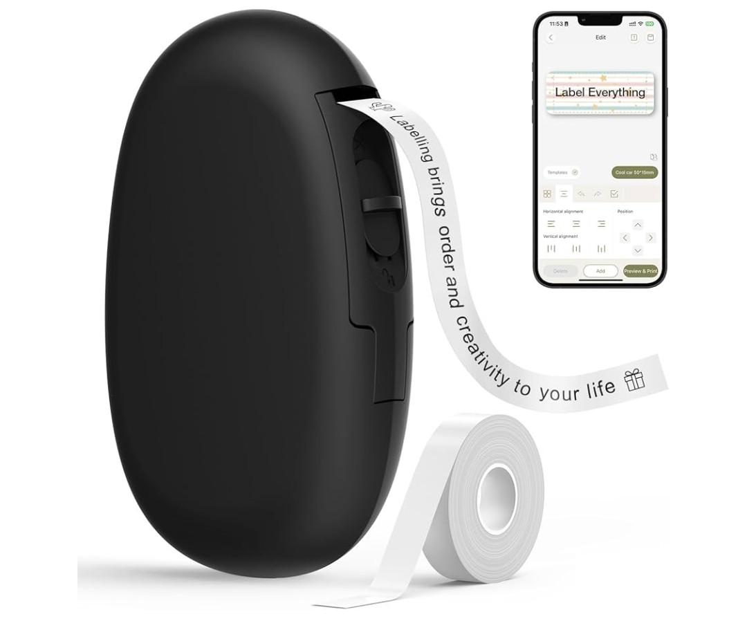 SUPVAN E10 Bluetooth Label Maker Machine with Tape, Continuous Waterproof Label, Versatile App with 35 Fonts and 1k+ Icons, Inkless Labeler for Home, Kitchen, School, Office Organization, Black