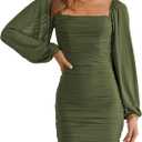 MASCOMODA Women Elegant Square Neck Lantern Long Sleeve Mini Ruched Bodycon Dress Stretch Mesh Slim Party Cocktail Dresses (Medium, Army Green)