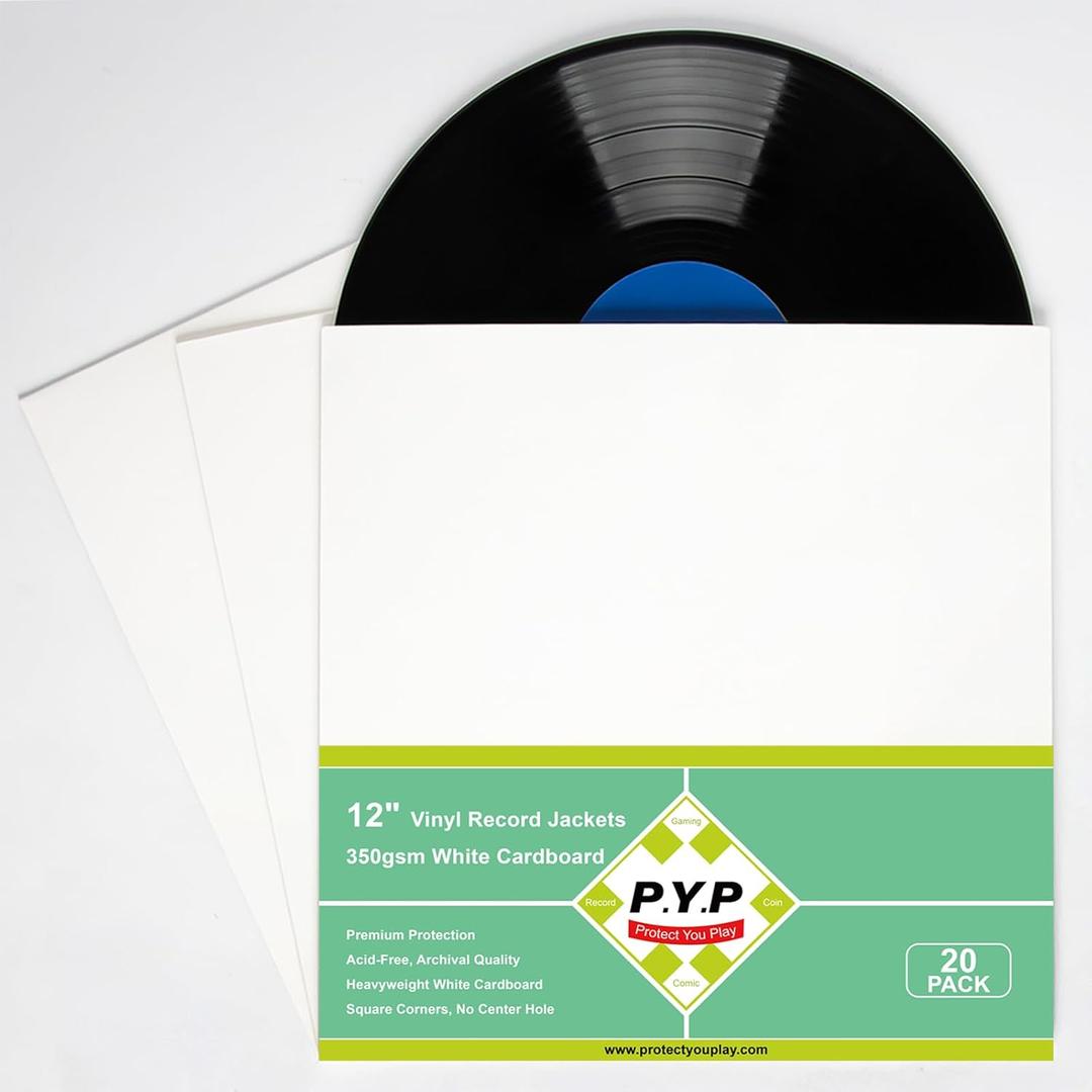 20ct 12-Inch LP Vinyl Record Jackets - 350gsm White Cardboard Covers, Blank Album for Outer Sleeves, No Center Hole, for CD Collection