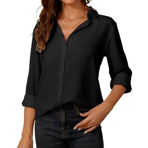 YAMANMAN Womens Button Down Shirt Long Sleeve Classic Collared Tops Work Office Casual Chiffon Blouse (Large, Black)