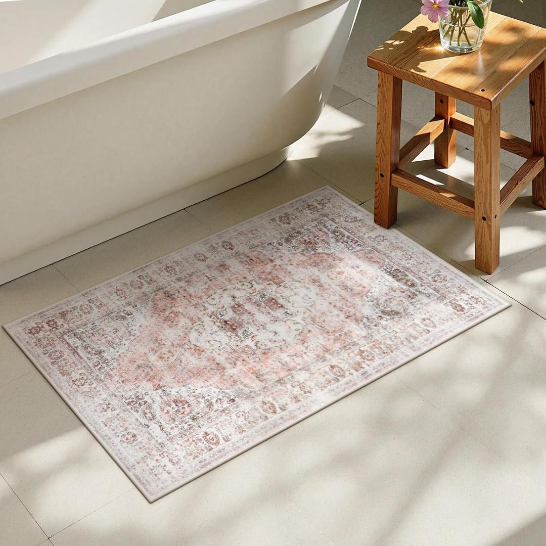 Uphome Boho Bathroom Rugs, Distressed Farmhouse Blush Pink Bath Mat, Comfy Velvet Small Bath Rugs Non Slip Washable, Vintage Oriental Toilet Rug for Sink Shower Vanity, 20x32 inch