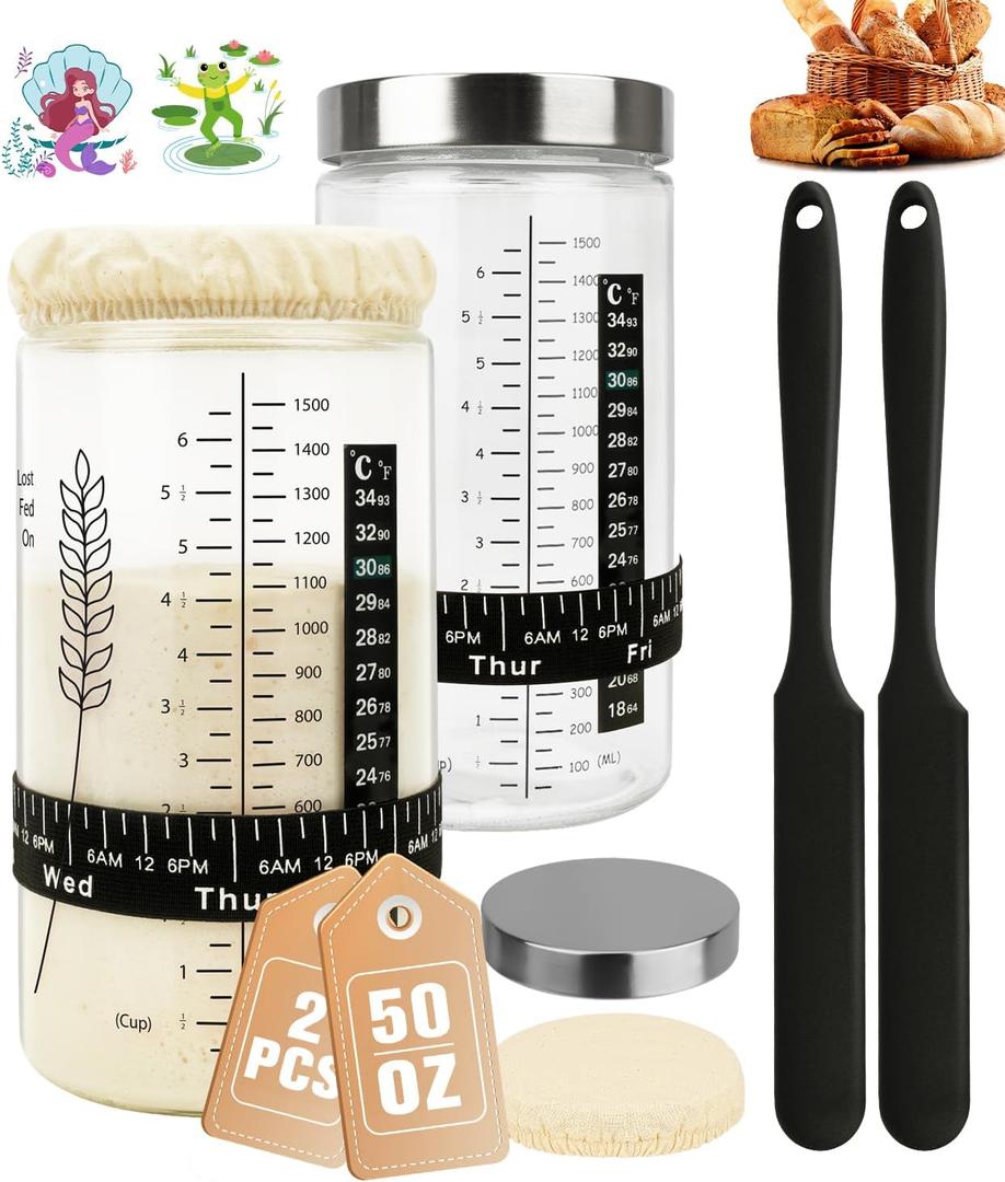50oz Sourdough Starter Jar Kit, Large Capacity Sourdough Jar, Wide Mouth Sourdough Bread Starter Kit for Perfect Sour Dough Bread, Sourdough Starter Kit (Black, 2 Pack)