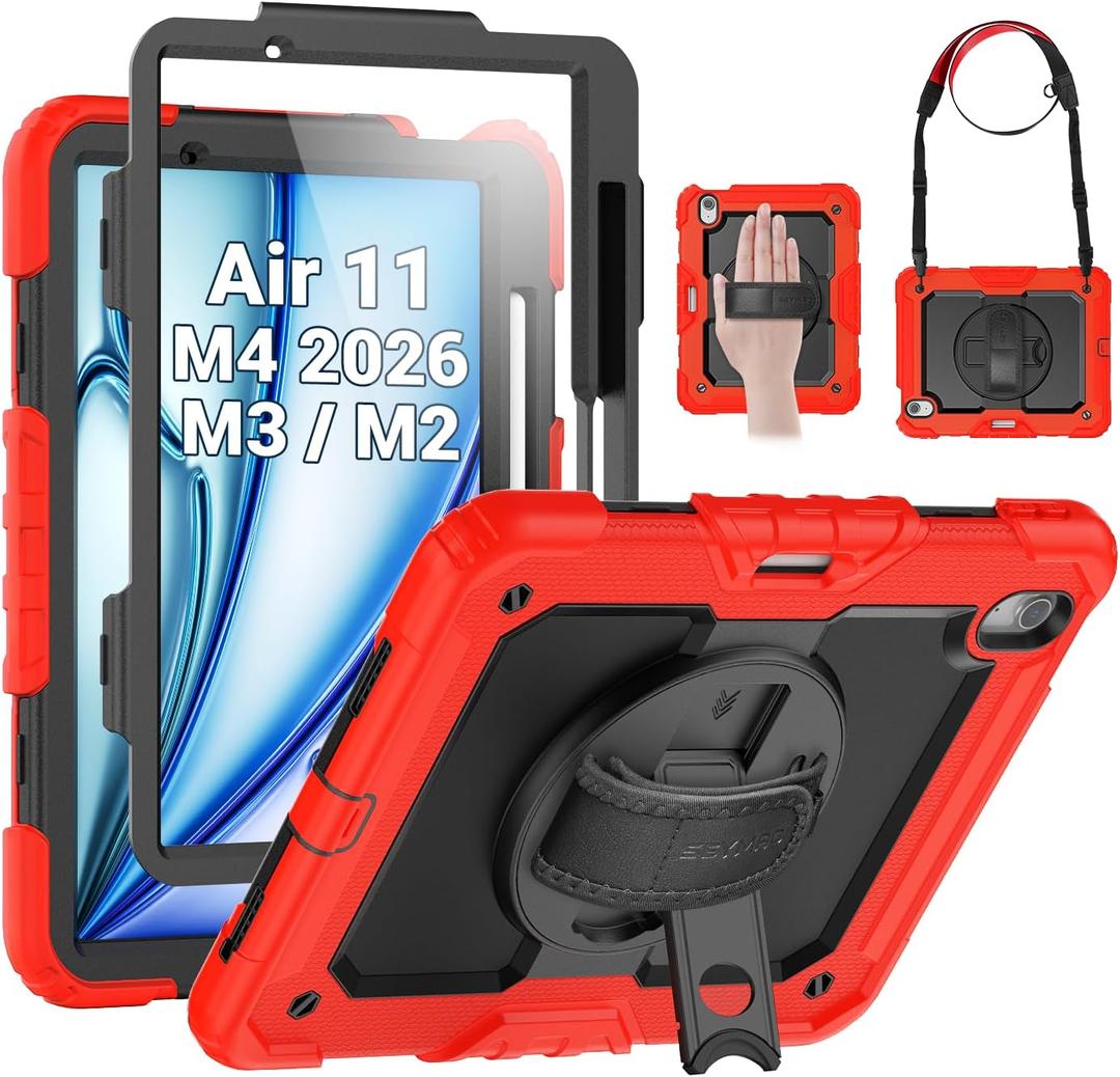 SEYMAC Case for iPad Air 11 Inch M4 / M3 / M2 (2026/2025 / 2024), Heavy Duty Shockproof Protective Case with Screen Protector, 360 Rotating Stand and Hand/Shoulder Strap, Red