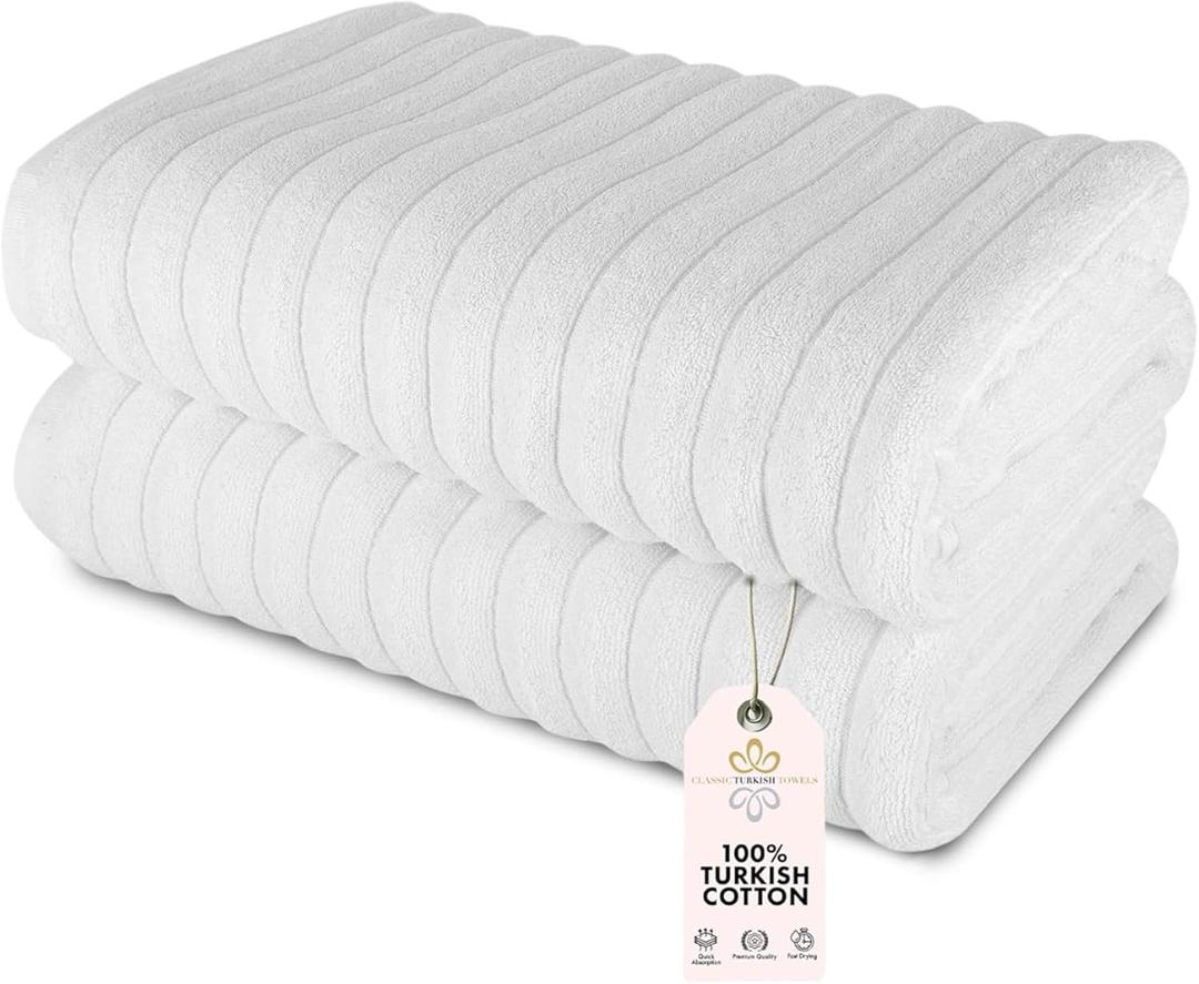 Classic Turkish Towels CTT - Premium 2 Piece Jumbo Bath Sheets, 100% Turkish Cotton, Absorbent & Ultra Comfy Bath Towel Sheets for Hotels & Spa | 40"x65" (White)