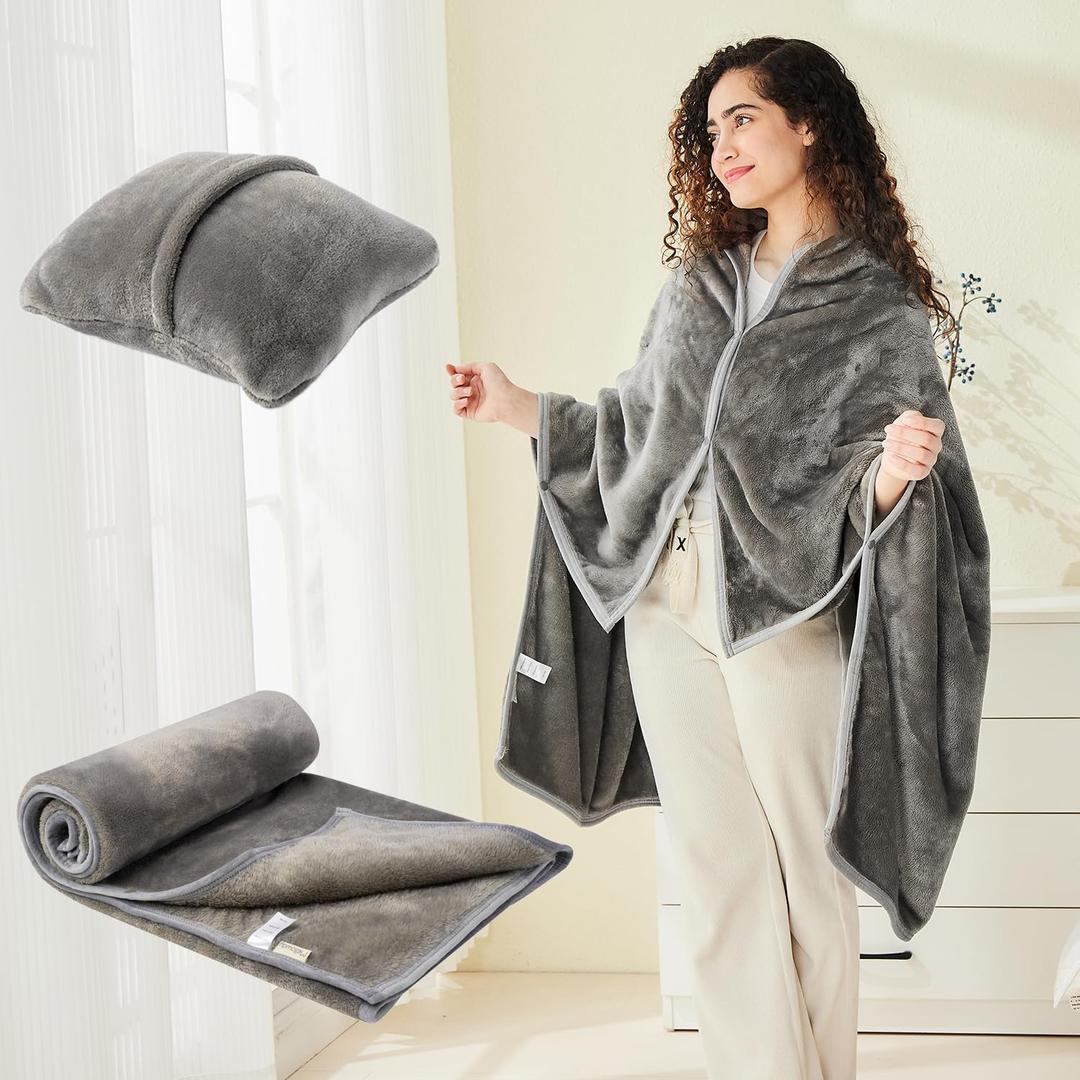 Mellowdy Shawl Blanket Pillow 2-in-1 with Sleeves for Office, Work, Home (Dark Grey, 40x60) - Wearable Adult Snuggie Coat Poncho, Airplane Travel Set, Fleece Shoulder Wrap for Men and Women