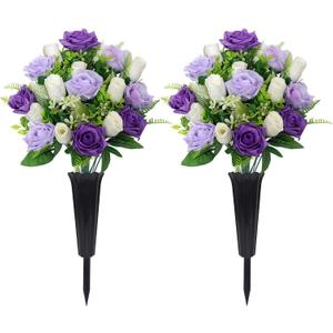 Grave Decorations for Cemetery Artificial Memorial Roses Flowers Bouquets with Vases for Outdoor Grave Decorations Long-Lasting(Purple)