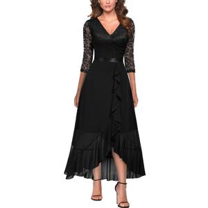 Miusol Women's V-Neck Floral Lace Classy Ruffle Design Wedding Party Maxi Dress (Large, Black)
