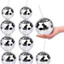 9 Pcs Disco Ball Cups with Lid and Straw Silver Spherical Cocktail Tumblers, Reusable Disco Glasses for Bar, Party, Tea, and Drink Supplies