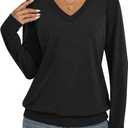 Womens V Neck Long Sleeve Shirts Banded Bottom Cute Loose Fit Tops Dressy Casual Outfits for Fall Spring (Black)