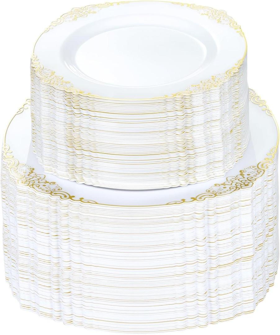 200 PCS White and Gold Plastic Plates for 100 Guests, Gold Disposable Plates Include 100 PCS Dinner Plates, 100 PCS Dessert Plates for Party, Wedding and Graduation