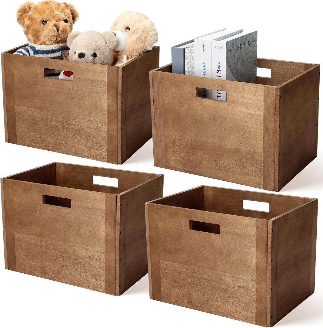 Menkxi 4 Pcs Stackable Wood Storage Cube for Shelves Closet Wooden Bins Box Wood Crates Storage Baskets Container for Toy Books Clothes Home Office, Dark Brown(14 x 10 x 10 Inch)