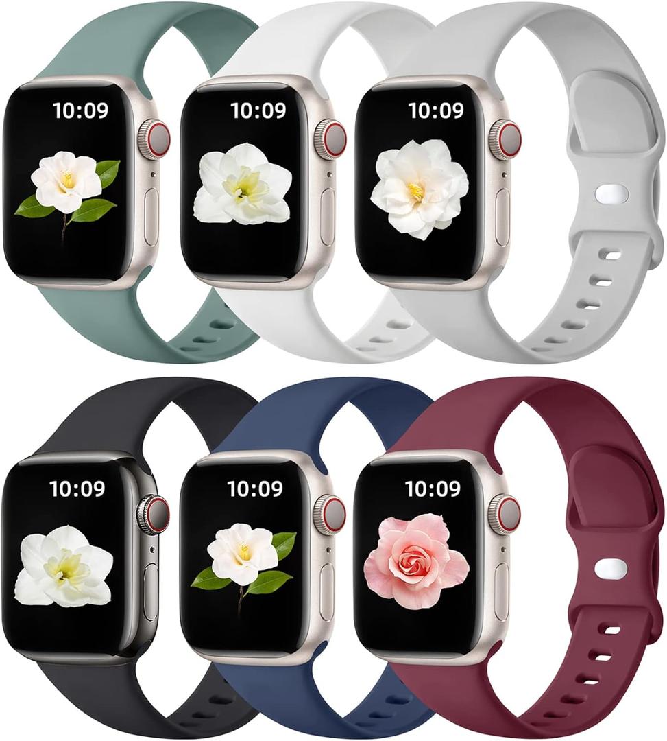 Maledan 6 Pack Bands Compatible for Apple Watch Band 38mm 40mm 41mm 42mm 44mm 45mm 46mm 49mm Women Men, Soft Silicone Sport Replacement Band for iWatch Apple Watch Series 10 9 8 7 6 5 4 3 SE Ultra (Black/ Navy Blue/ Gray/ Pine Green/ Wine Red/ White)