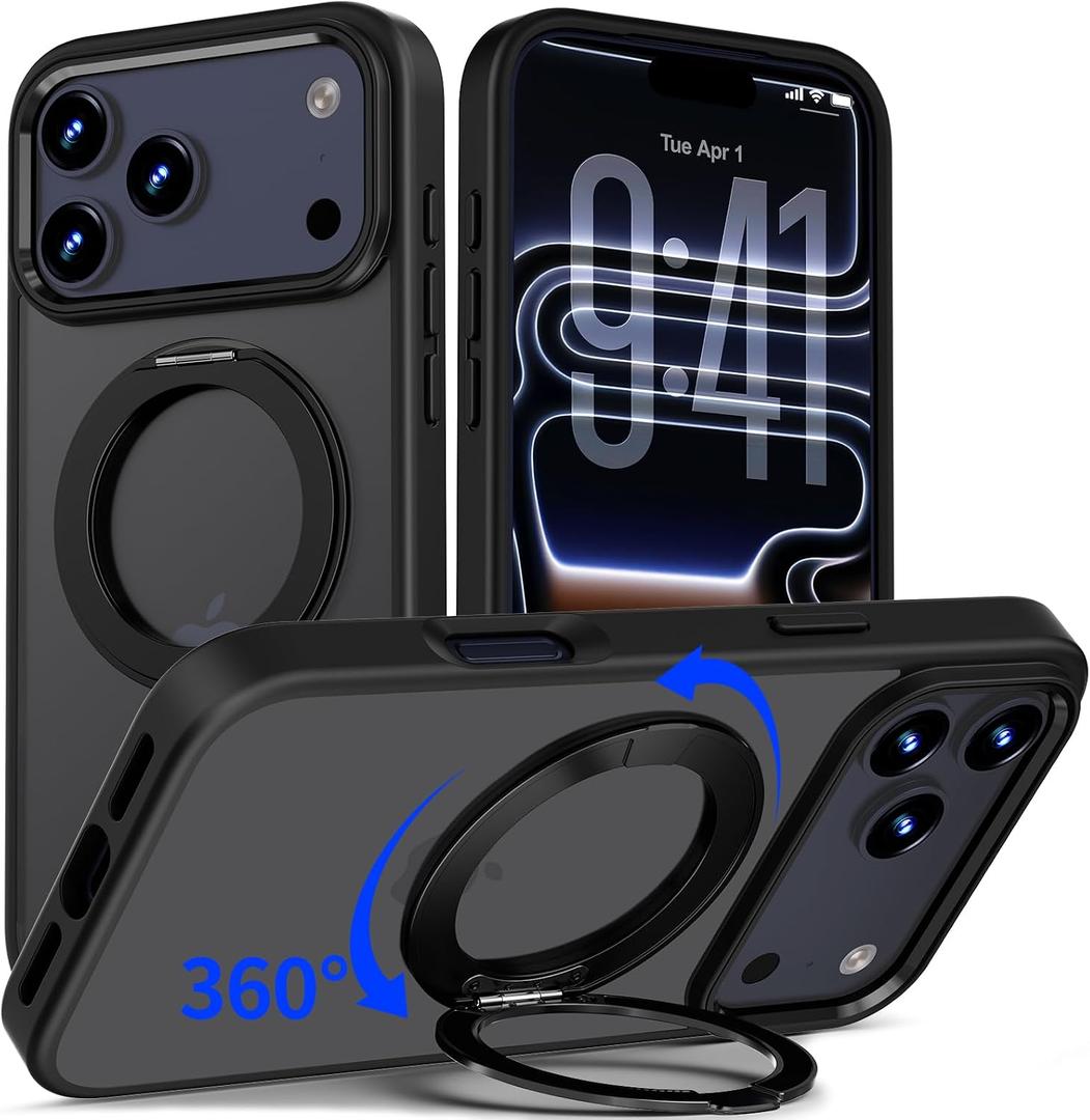 for iPhone 17 Pro Case Ultra-Magnetic 360 Spin Stand [Military Drop Protection] [Compatible with MagSafe] Shockproof Translucent Matte Slim Ring for iPhone 17 Pro Phone Case 6.3", Black