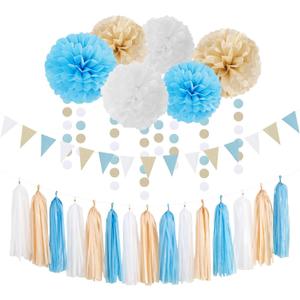 Light-Blue White Boho Champagne-Gold Party-Decorations - 23pcs Boy Birthday Baby Shower Paper Tissue Pom Poms Streamers,Tassel Garland Banner,Bachelorette Bridal Wedding Dusty Decor Lasting Surprise