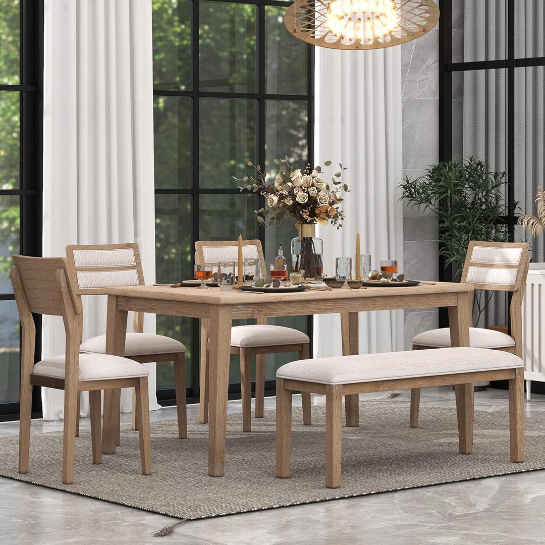 Classic and Traditional Style 6-Piece Dining Table Set for 6, Includes 1 Table, 4 Upholstered Chairs & Bench, Ideal for Kitchen, Living Room, Natural Wood Wash