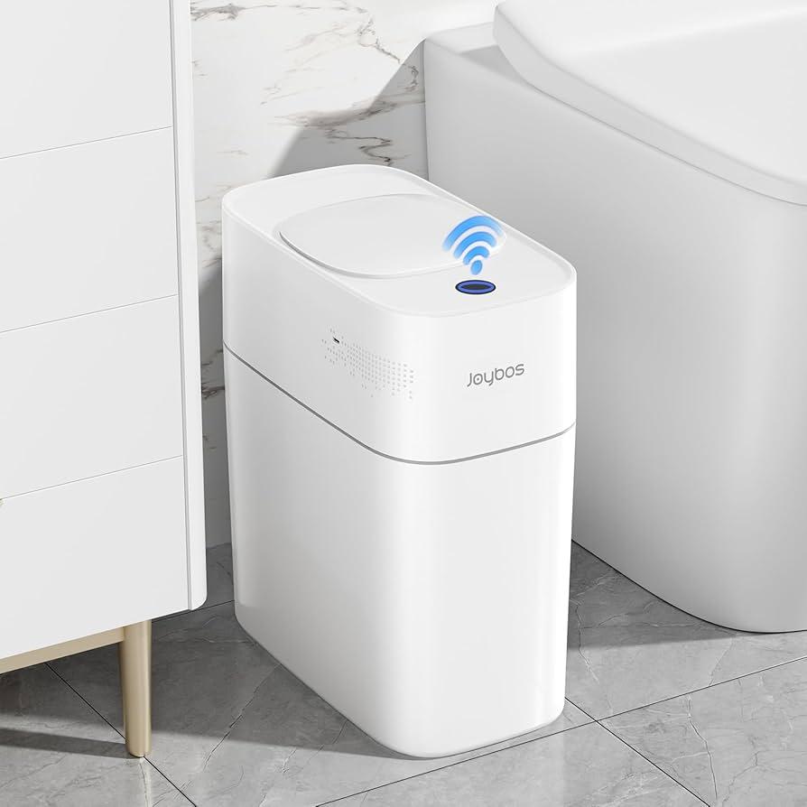 JOYBOS Bathroom Trash Can with Lid Automatic Garbage Can, 3 Gallon Slim Electric Waterproof Narrow Small Garbage Bin,Plastic Trash Bin, 14 L Motion Sensor Rubbish Can for Bedroom Office Toilet
