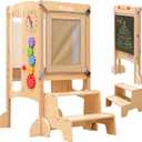 Toddler Tower Foldable Toddler Kitchen Stool Helper with 2 Step Stool, Safety Net, Adjustable Height, Chalk-Whiteboard& Montessori Activity Games