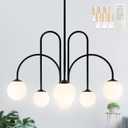 Bagood Modern Sputnik Chandelier Mid Century Chandelier for Dining Room 6-Light 30" Matte Black Sputnik Globe Chandelier with Milk Glass Globe Shade for High Ceiling (Bulbs& Remote Incl.)