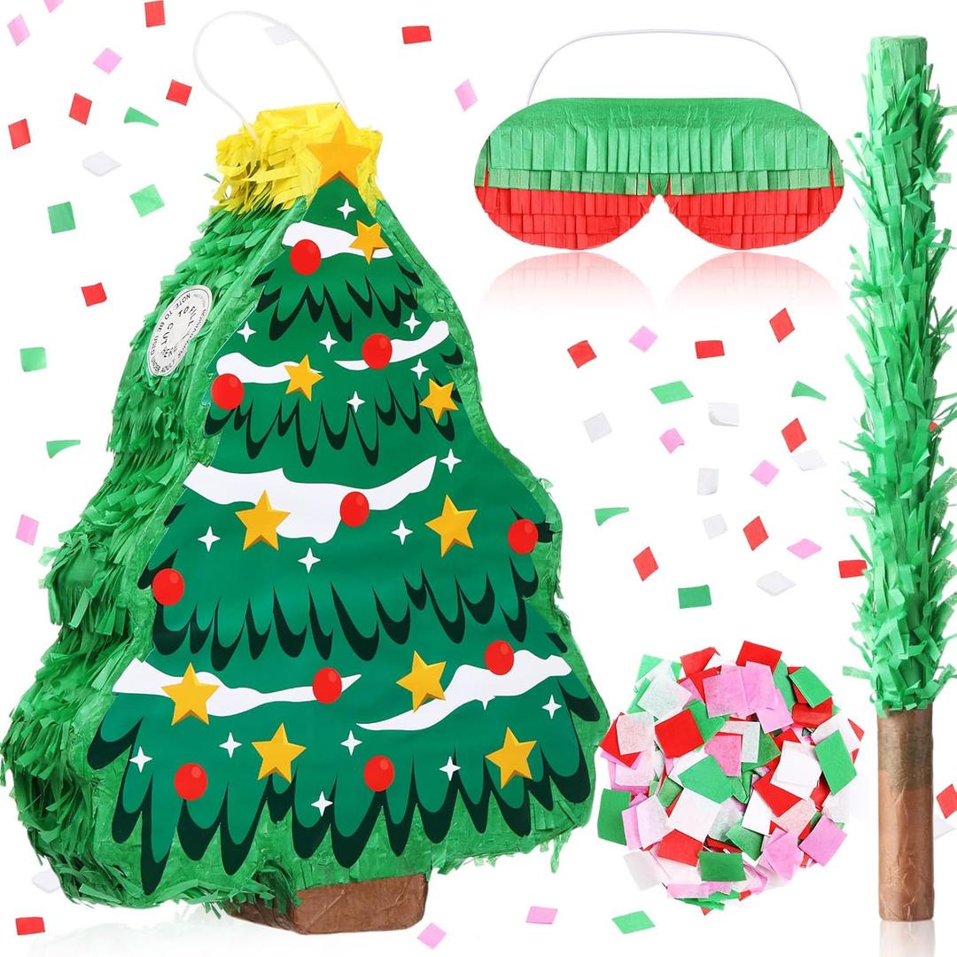 HyDren Christmas Tree Piata Decorations 16 Inch Christmas Mexican Piata with Stick Confetti and Blindfold Bundle for Xmas Favors Party Decor Holiday Photo Props Carnival Game Prizes (Red and Green)