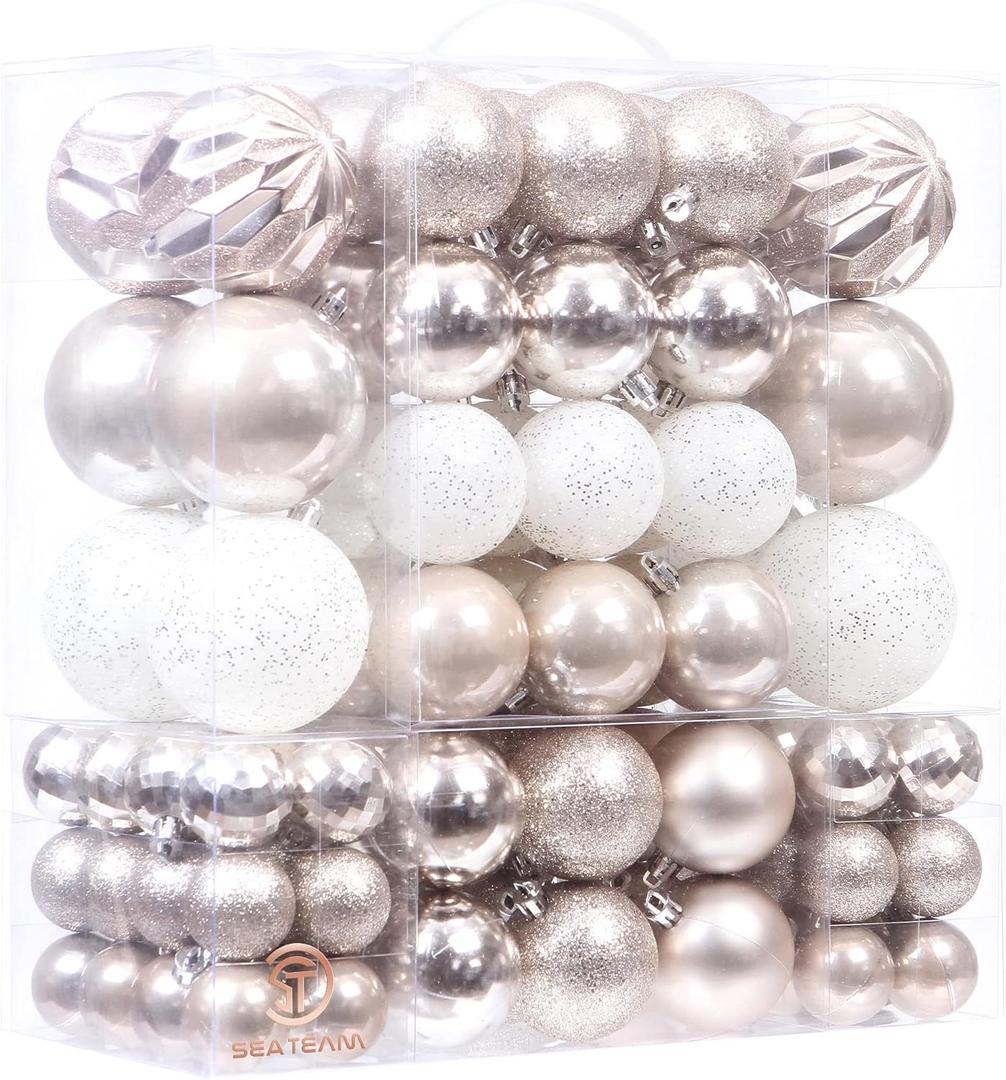 Sea Team 125-Pack Shatterproof Champagne Christmas Ball Ornaments Set, Assorted Multi-Sized Hanging Baubles, Xmas Tree Decorations, Seasonal Dcor for Holiday Wreath Garland, Hooks Included