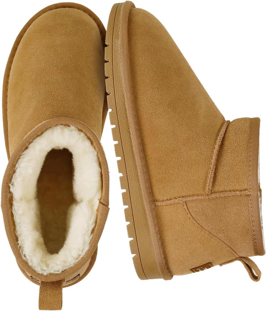 Genuine Suede Ankle Snow Boots for Women Men-Water Resistant Warm Flat Padded Winter Fuzzy Mini Boots with Cozy Faux Fur Lining, 40, Chestnut