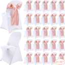 Lounsweer 50 Pcs Folding Chair Cover Set with 25 Stretch Spandex Slipcovers 25 Satin Chair Sashes Bows Ribbon Washable Banquet Protector for Wedding Event Party(White, Rose Gold)