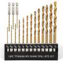 COMOWARE Titanium Twist Drill Bit Set - 16 Pcs Hex Shank High Speed Steel for Wood Plastic Aluminum Alloy, Quick Change, 1/16"-1/4" (Gold)