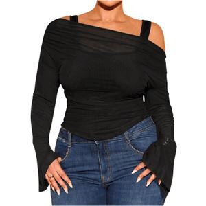 WDIRARA Women's Plus Size 2 in 1 Off Shoulder T Shirt Ruched Sheer Bell Long Sleeve Tee (XX-Large Plus, Black)