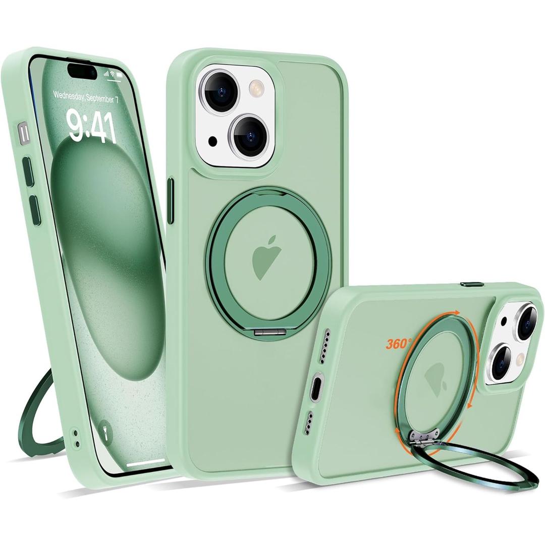 Compatible with iPhone 15 Case with 360° Rotatable Magnetic Ring Stand [Compatible with Mag-Safe] Translucent Shockproof Protective Phone Case for Women Men, Light Green