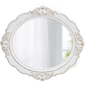 Vintage Oval Wall Mirror 21 x 24 inch, Handmade Distressed White Wood Frame Entryway Mirror with Beaded Detailing, Decorative Small Mirrors for Wall Decor Living Room, Horizontal or Vertical