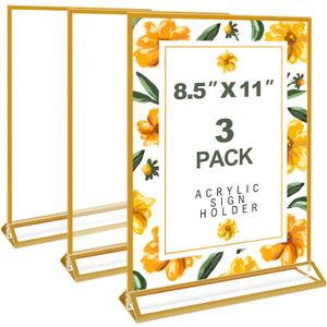 3 Pack Acrylic Sign Holder 8.5 x 11 Inch Gold, Double Sided Clear Display Stand for Wedding Table Numbers, Menu Holder, Picture Frame, Crystal Plastic Sign Holder for Office, Restaurant, Party