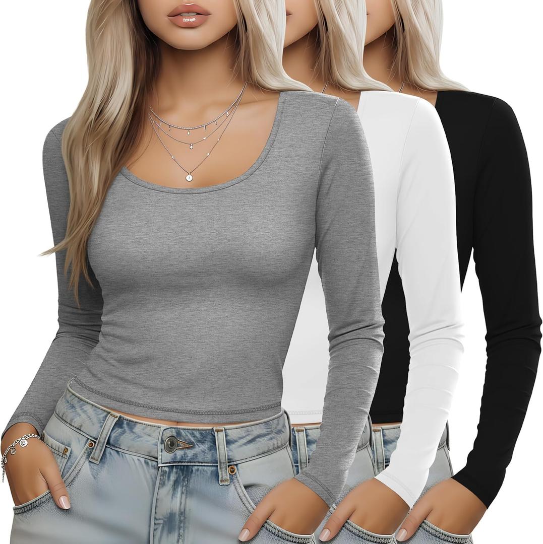 3 Pack Women's Long Sleeve Shirts Scoop Neck Slim Fit Tops U-Neck T-Shirts Basic Casual Tee Layer for Ladies (Black, White, Light Mixed Gray)