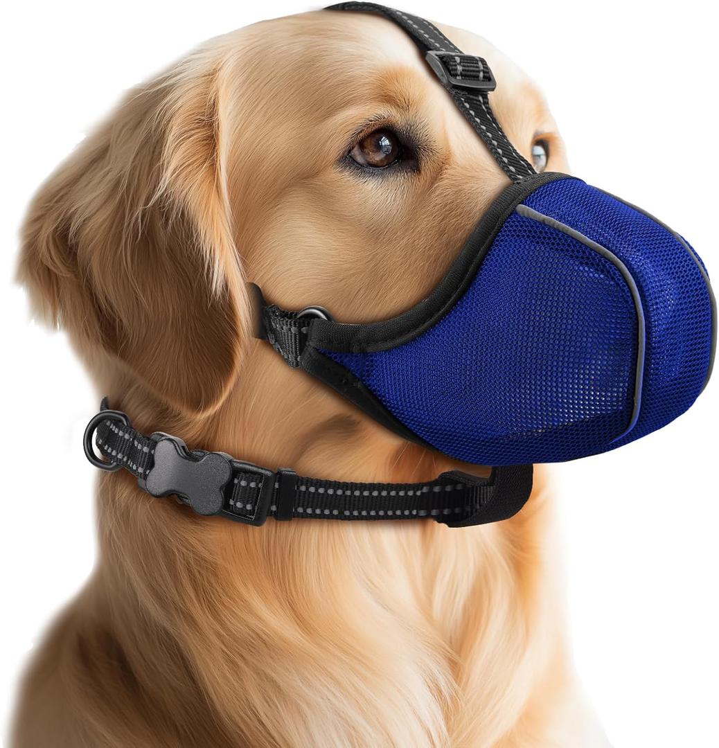 Dog Muzzle - Soft Breathable Mesh Nylon Adjustable Muzzle for Large Dogs Prevents Chewing, Biting & Scavenging | Secure Collar Strap Design(Blue XL)