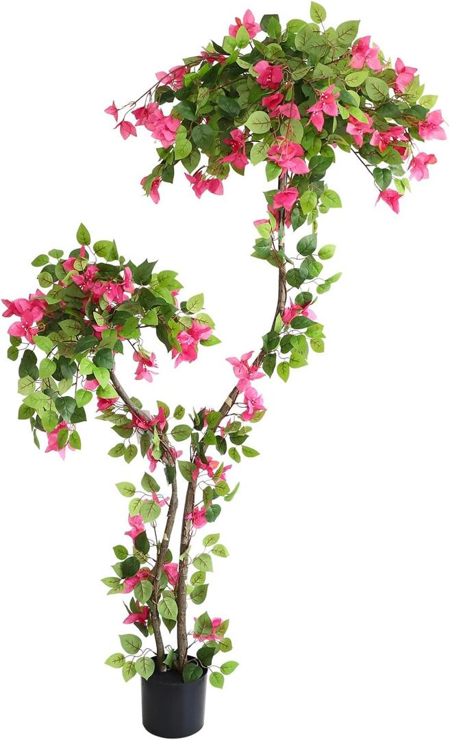6FT Tall Artificial Bougainvillea Tree Fake Bougainvillea Tree with Flowers in Plastic Pot, Faux Silk Pink Spiral Blooming Tree for Decor Outdoor or Indoor Home Office