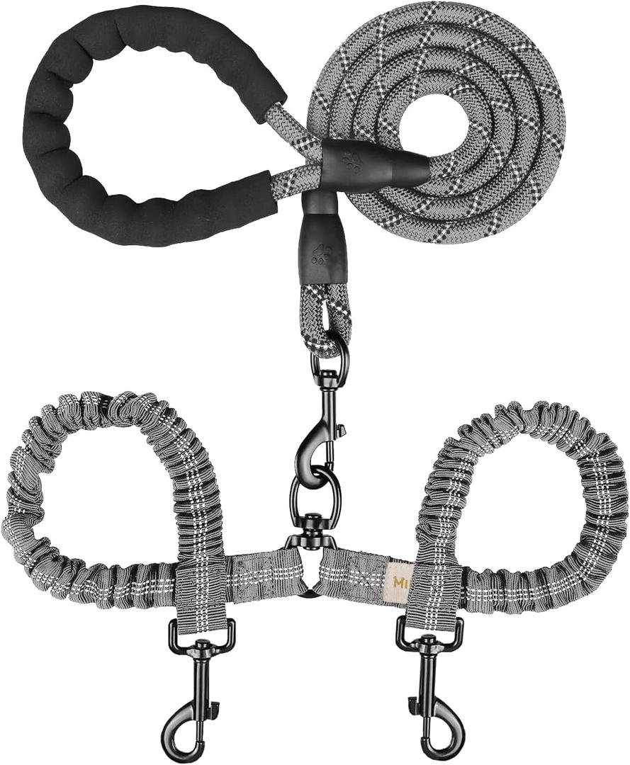 MingXpets Double Dog Leash, Dual Dog Leash, 360° Swivel Tangle Free Bungee Walking Training for Large Dogs, Shock Absorbing Bungee Reflective for Two Dogs, 18~120 lbs, Grey
