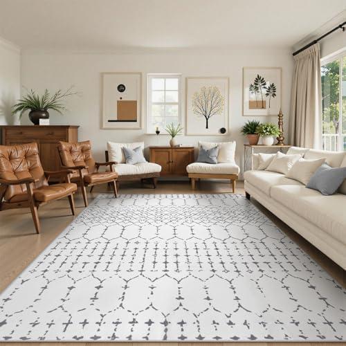 Lahome Moroccan 9x12 Washable Area Rug - Non-Slip Washable Ultra-Thin Soft Large Rug for Living Room, Modern Geometric Print Stain Resistant Carpet for Bedroom Dining Room, White