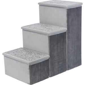 Trixie Velour 3-Step Pet Stairs with Storage, Collapsible, Storage Compartments for Pet Toys,Gray