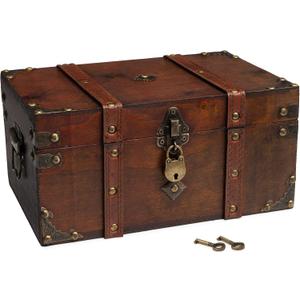 Happenings Antique Treasure Chest Box with Tray Lockable Vintage Decorative Chest for Storage, Keepsakes, Jewelry Pirates Wooden Chest Decor (11x7.1x5.5)