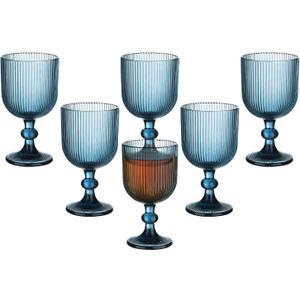 Blue Vintage Wine Glasses Set of 6, 11 Ounces Colored Glass Water Goblets, Unique Embossed Pattern High Clear Stemmed Glassware Wedding Party Bar Glass Drinking Cups Fancy Glasses Vertical Line
