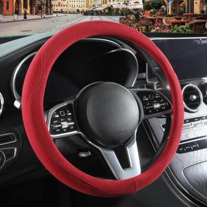 Red Suede Steering Wheel Cover, Breathable Non-Slip Sweat-Proof Wear-Resistant No Pilling, Warm in Winter and Cool in Summer, Universal 15 inch